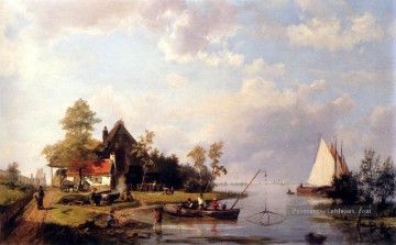 Un paysage de rivière avec un ferry et des chiffres Réparer un bateau Hermanus Snr Koekkoek Peinture à l'huile